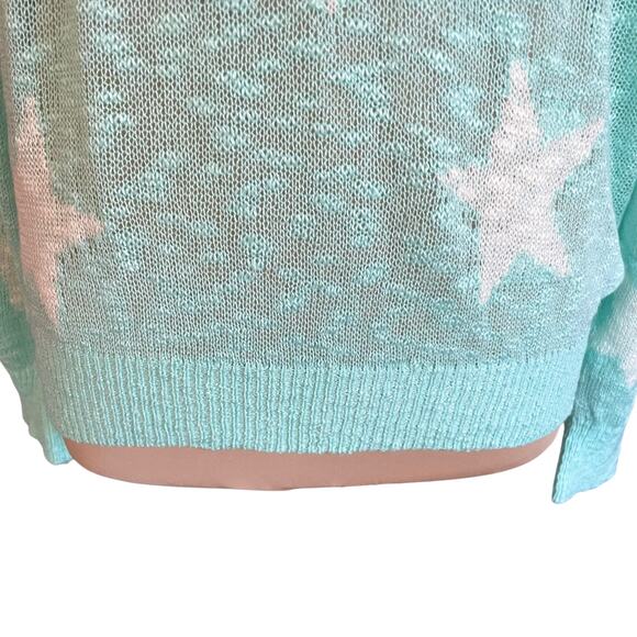 Aqua White Star Loose Weave Slouchy Sweater LARGE Beachy Whimsical Layering - Picture 3 of 10